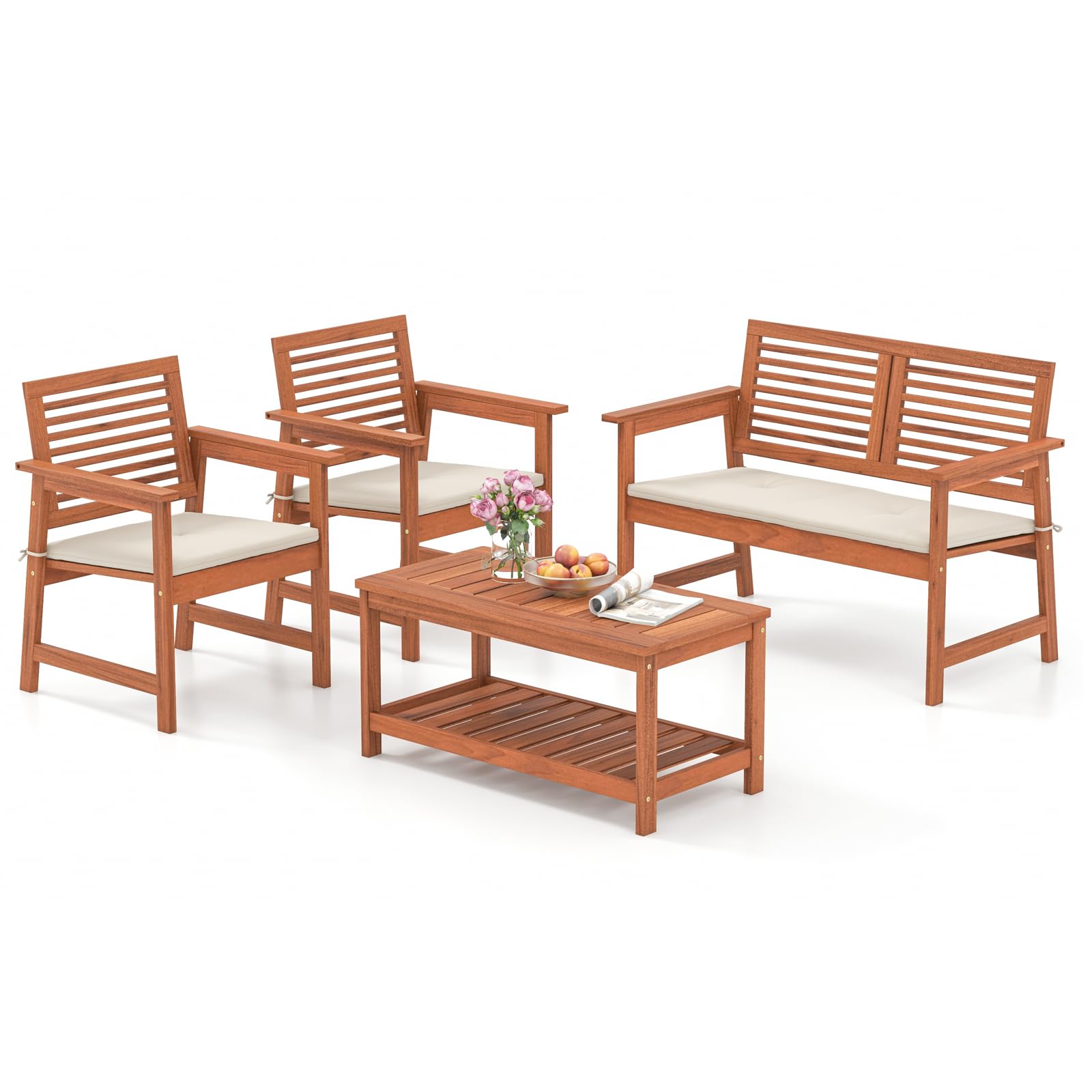 Tangkula Ensemble de conversation de patio 4 pièces, ensemble de canapés en bois avec coussins d'assise doux, table basse rectangulaire à 2 niveaux